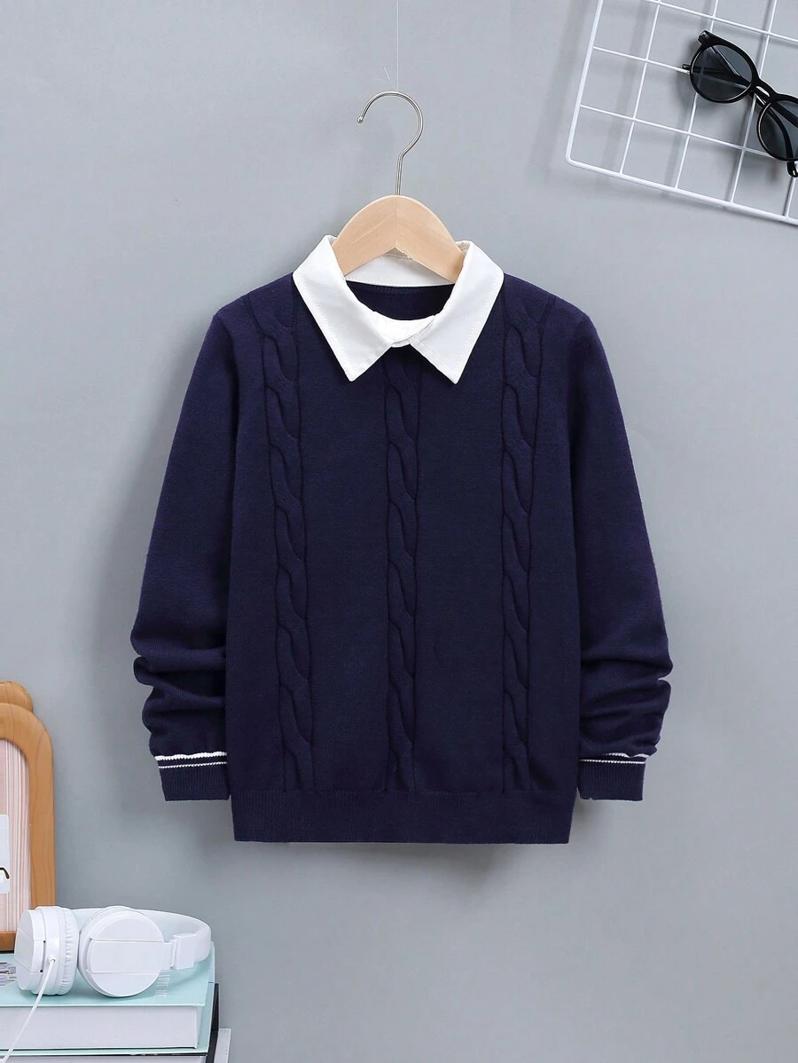 SHEIN 男大童撞色領絞花針織二合一毛衣 - 藍色 - 查看 1