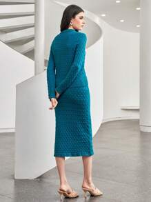 Seusyu Polo Neck Sweater & Knit Skirt 2 Piece Set - Blue - View 3