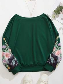 SHEIN LUNE Áo nỉ tay rớt vai in hoa, áo nỉ mùa thu. - Màu xanh lá cây đậm - Xem 2