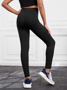 SHEIN Leap Crew 女大童純色收腹臀部可拉伸運動褲 - 黑色 - 查看 2