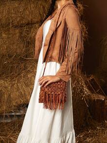 SHEIN VCAY 拼接顏色編織翻蓋單肩包帶流蘇裝飾用品,時尚和完美適用於假期 - 彩色 - 查看 2