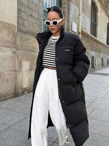 DAZY 女士字母印花加厚长款休闲冬季外套 - 黑色 - 查看 1