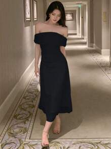 DAZY 纯色露肩褶皱连衣裙，生日、新年、舞会、优雅吊带裙、返校节礼服、婚纱、嘉年华女装 - 黑色 - 查看 2
