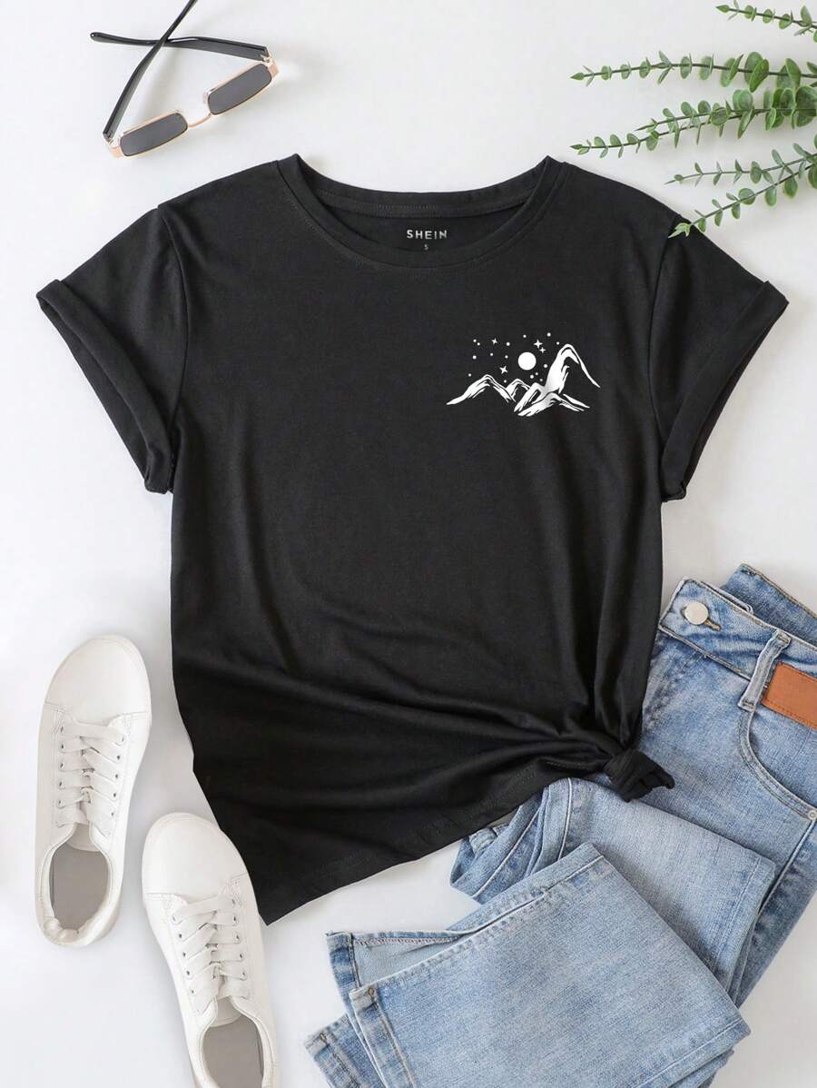 SHEIN EZwear Moon & Mountain Print Tee - Black - View 1