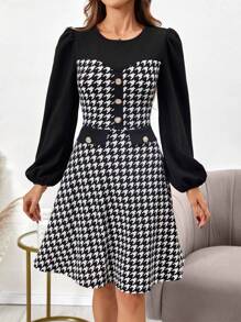 SHEIN Clasi Houndstooth Print Lantern Sleeve Dress - Black and White - View 1