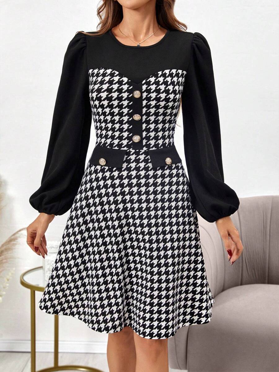 SHEIN Clasi Houndstooth Print Lantern Sleeve Dress - Black and White - View 1