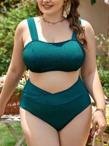 SHEIN Swim Curve Conjunto de bikini de cintura alta sólido en tallas grandes
