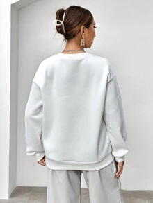 SHEIN Essnce 字母圖案落肩袖運動衫 - 白色 - 查看 2