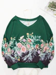 SHEIN LUNE Áo nỉ tay rớt vai in hoa, áo nỉ mùa thu. - Màu xanh lá cây đậm - Xem 1