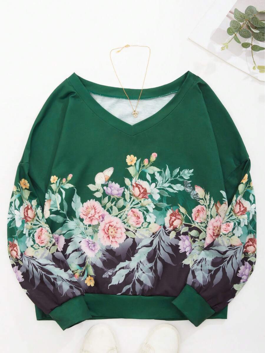 SHEIN LUNE Áo nỉ tay rớt vai in hoa, áo nỉ mùa thu. - Màu xanh lá cây đậm - Xem 1