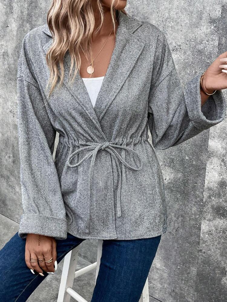 Lapel Neck Drawstring Waist Drop Shoulder Overcoat