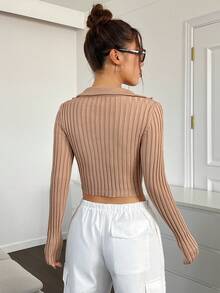 SHEIN EZwear Áo len dệt kim có gân nửa khóa kéo - Màu Khaki - Xem 4