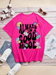 Teen Girl Floral & Slogan Graphic Tee - Hot Pink - View 1