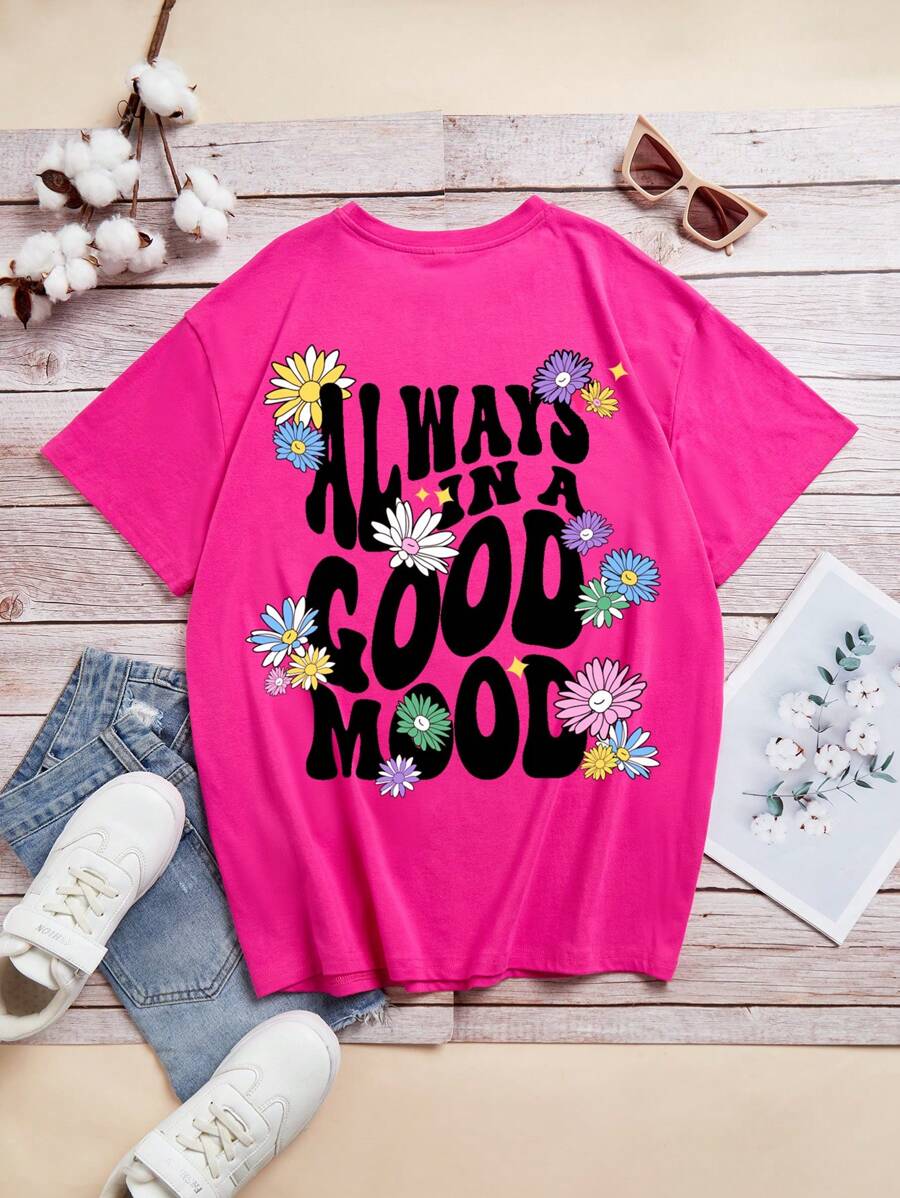 Teen Girl Floral & Slogan Graphic Tee - Hot Pink - View 1