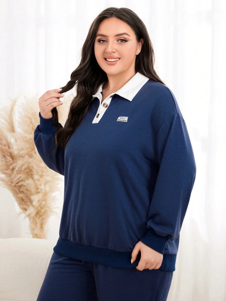 Plus Letter Patched Polo Neck Drop Shoulder Sweatshirt Pullover Fall Sweatshirt