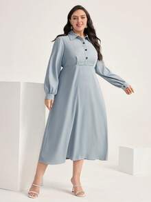 Mulvari Plus Solid Button Front Shirt Dress - Dusty Blue - View 3