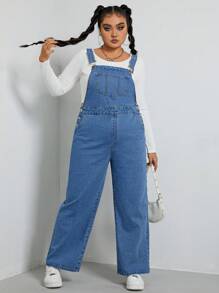 SHEIN EZwear 大碼斜袋牛仔背帶褲（無T恤） - 中等水洗藍 - 查看 1