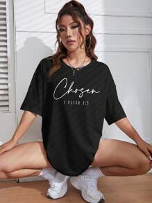 INAWLY 口号图案落肩 T 恤 图案 T 恤 女式上衣 - 黑色 - 查看 5