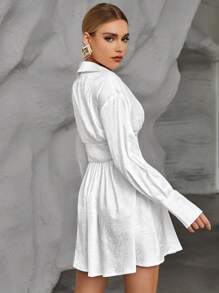 SHEIN Privé Jacquard Drop Shoulder Fold Pleated Detail Shirt Dress - White - View 2