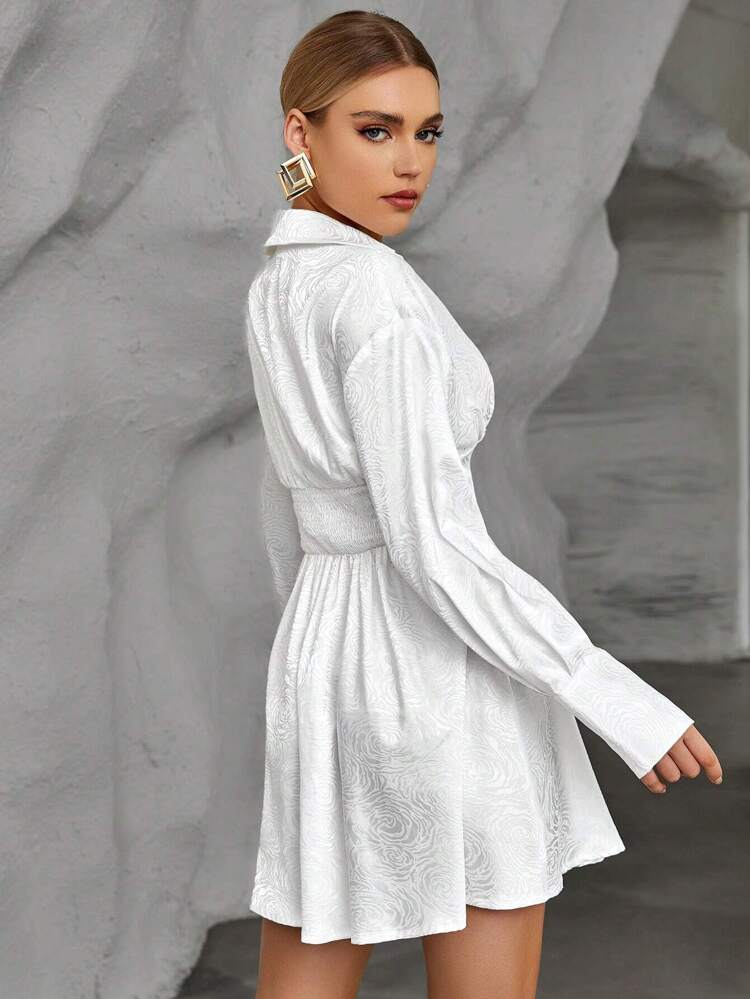 Jacquard Drop Shoulder Fold Pleated Detail Shirt Dress
