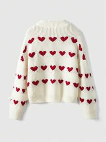 ROMWE Kawaii Heart Pattern Drop Shoulder Sweater,Long Sleeve Tops - Beige - View 8