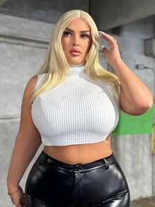 SHEIN SXY Plus High Neck Crop Tank Knit Top - White - View 3