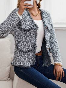 SHEIN Privé Marled Knit Flap Detail Button Front Cardigan - Black and White - View 1