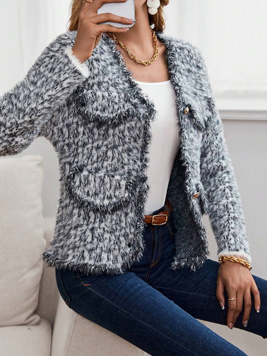 SHEIN Privé Marled Knit Flap Detail Button Front Cardigan - Black and White - View 1