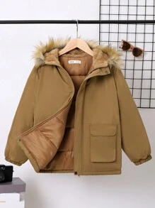 SHEIN Tween Boy Flap Pocket Fuzzy Trim Hooded Padded Coat - Khaki - View 1