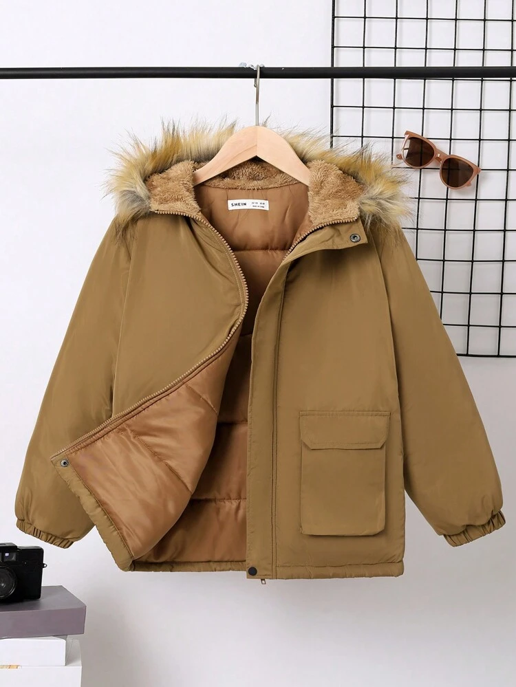 Tween Boy Flap Pocket Fuzzy Trim Hooded Padded Coat