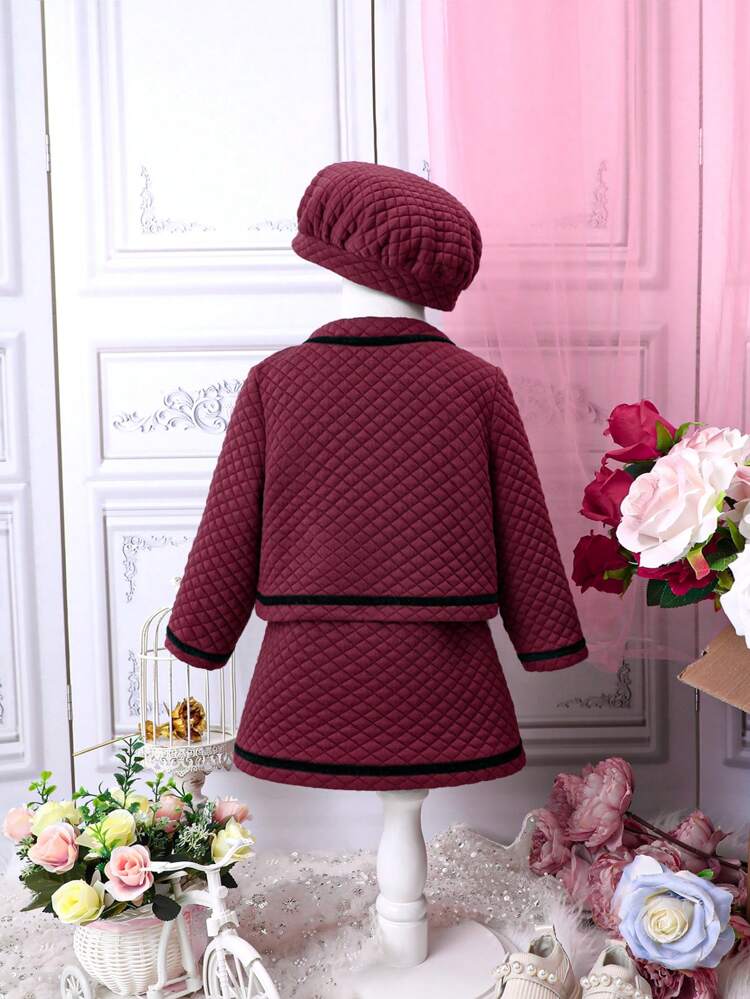 Baby Girls Contrast Binding Bow Front Jacket & Skirt & Hat