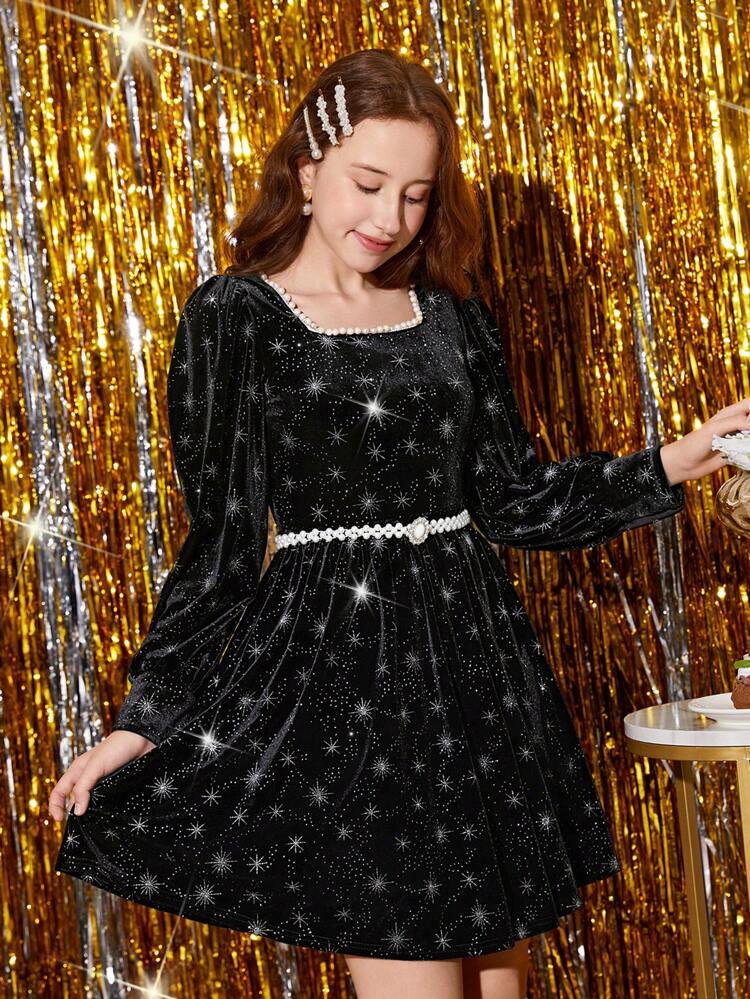 Teen Girl Glitter Square Neck Velvet Dress Without Belt for Christmas