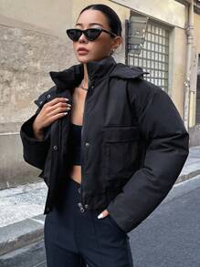 DAZY Abrigo con bolsillos con solapa y hombros caídos, abrigo de invierno para mujer - Negro - Ver 3