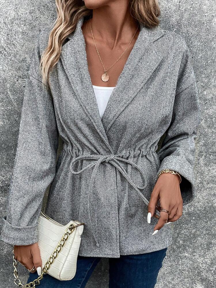Lapel Neck Drawstring Waist Drop Shoulder Overcoat