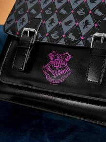 HARRY POTTER X SHEIN Geometric Pattern Black Pu Leather Flap Backpack,Hogwarts,Harrypotter,Gifts - Black - View 6