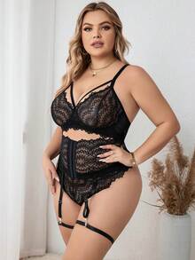 Classic Sexy 大碼花卉蕾絲背帶吊帶襪內衣套裝 - 黑色 - 查看 6