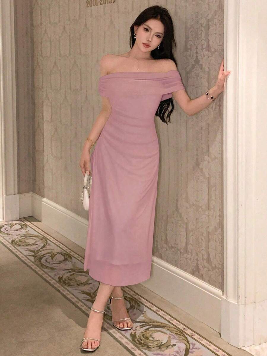 DAZY Đầm suông Bardot nhún bèo bên hông Đầm dạ hội Đầm suông hở vai Đầm thanh lịch cho nữ - Hồng - Xem 1