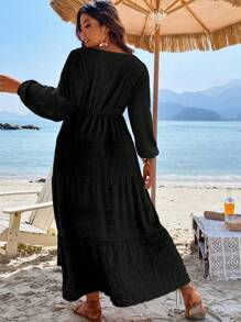 Breezaya Plus Square Neck Ruffle Hem Smock Dress Maxi Women Outfit Fall Cloth For Women - Black - View 3