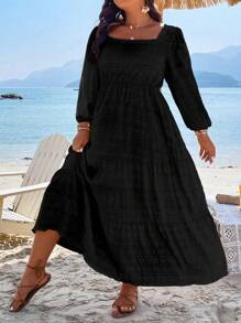 Breezaya Plus Square Neck Ruffle Hem Smock Dress Maxi Women Outfit Fall Cloth For Women - Black - View 4