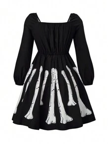SHEIN Clasi Halloween Plus Skeleton Print Sweetheart Neck Lantern Sleeve Dress - Black - View 2