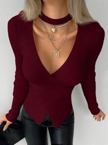 EURMUSE Choker Neck Wrap Cross Ribbed Knit Sweater - Burgundy - View 4