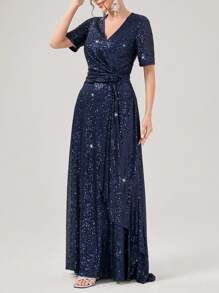 SHEIN Belle Surplice Neck Draped Sequin Dress - Navy Blue - View 4