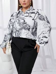 SHEIN Privé Plus Boat & Tree Print Lantern Sleeve Shirt - Multicolor - View 3