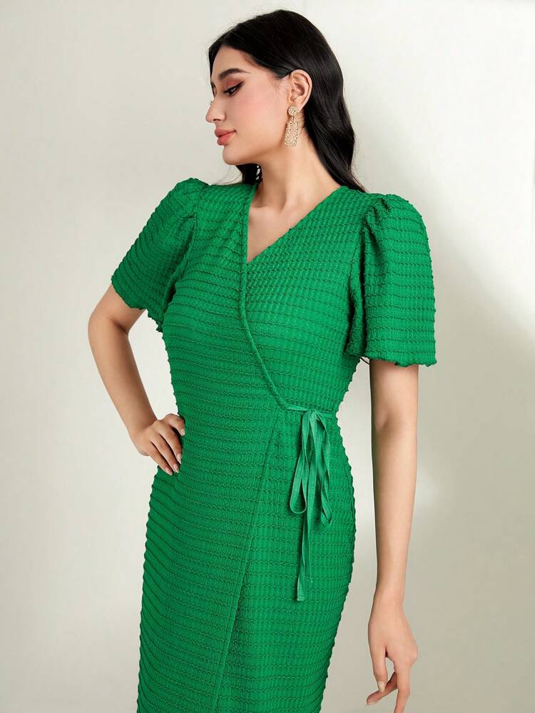 Puff Sleeve Knot Side Ruffle Hem Wrap Dress Long Evening Dresses