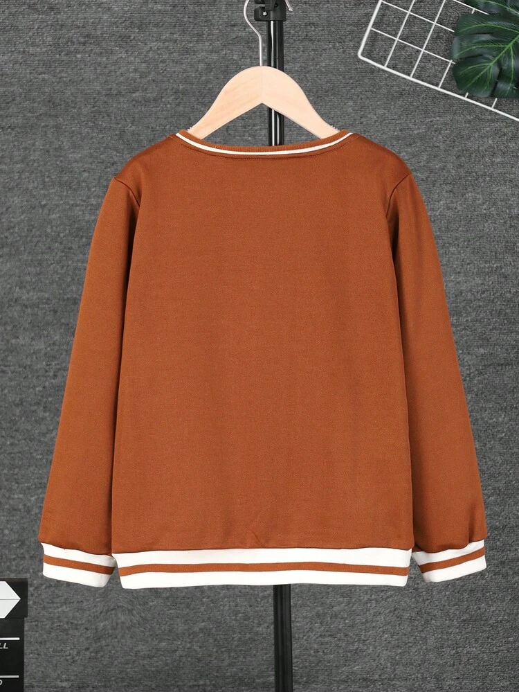 Tween Boy Letter Graphic Striped Trim Kangaroo Pocket Half Button Sweatshirt