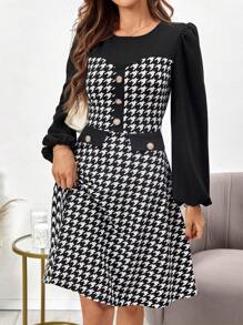 SHEIN Clasi Houndstooth Print Lantern Sleeve Dress - Black and White - View 5