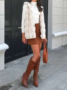 SHEIN Cottnline Solid Hooded Fuzzy Vest Coat - Apricot - View 6