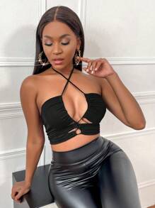 Crisscross Tie Backless Crop Halter Top - Black - View 4