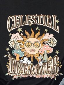 SHEIN EZwear Cộng với áo thun họa tiết mặt trời và chữ cái - màu đen - Xem 5