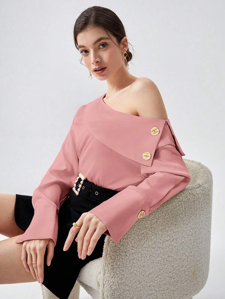 Solid Button Detail Asymmetrical Neck Blouse